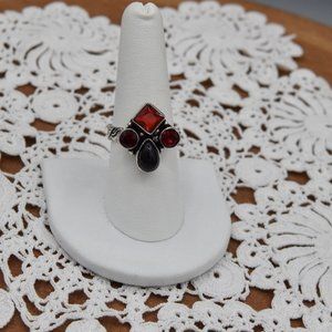 Vintage Sterling Silver Ring Teardrop Garnet with Ruby Red Glass Stones